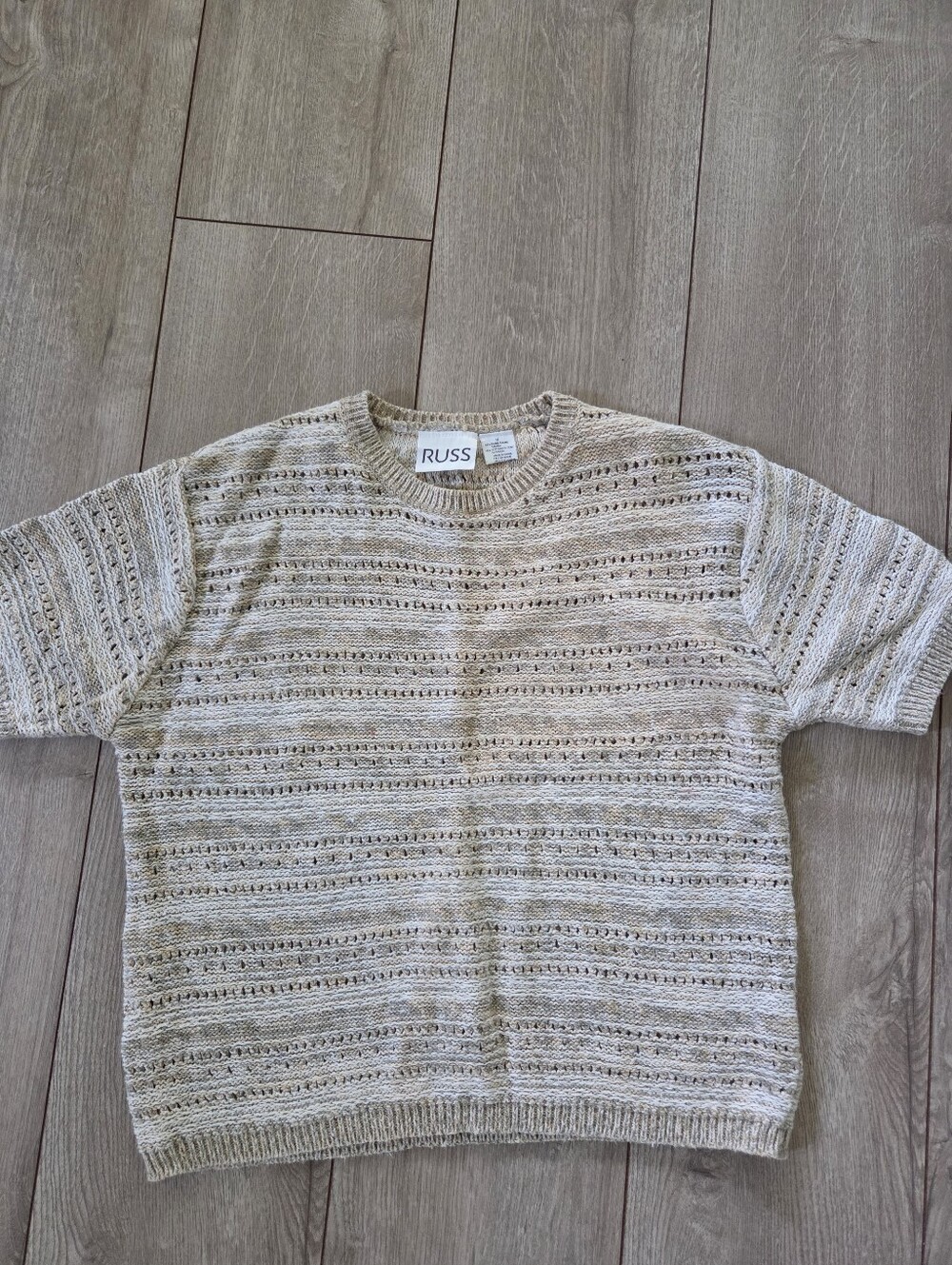 90s Vintage RUSS Beige Openwork Short-Sleeve Knit Top Size Medium